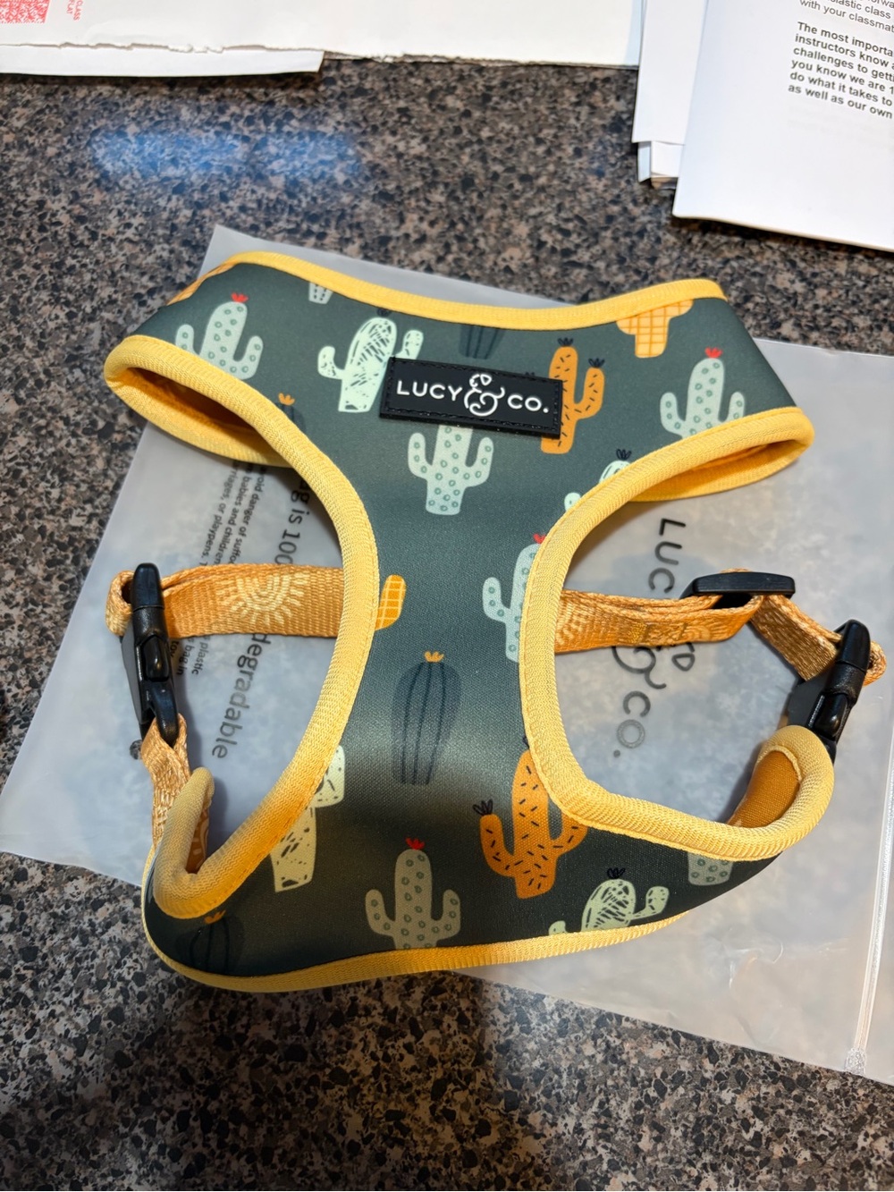 Lucy & Co Cactus Print Yellow Trim Harness. Size medium.